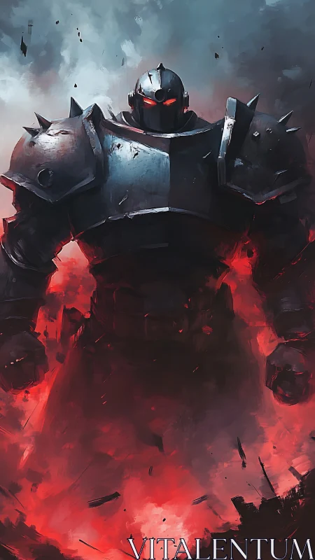 Armored war colossus emerging from molten shadows.