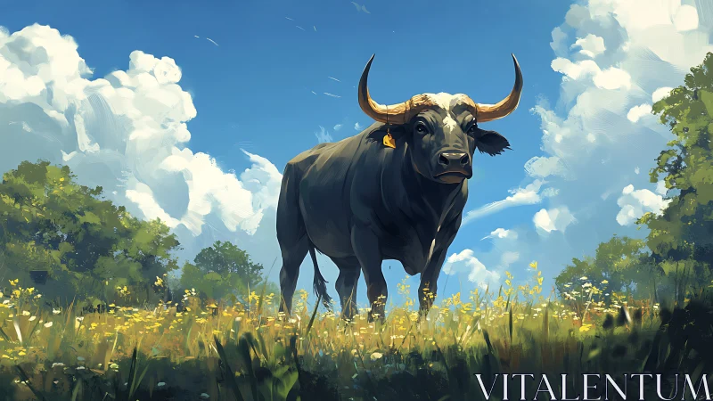 Majestic black bull stands in wildflower meadow under cumulus sky