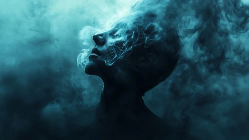 Vaporborne dreamer dissolving into teal twilight smoke.