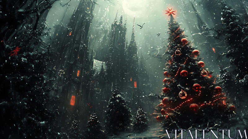 Gothic cathedral courtyard with spectral illuminated Christmas tree.
