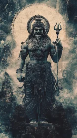 Monumental warrior deity statue before haloed stone disk.