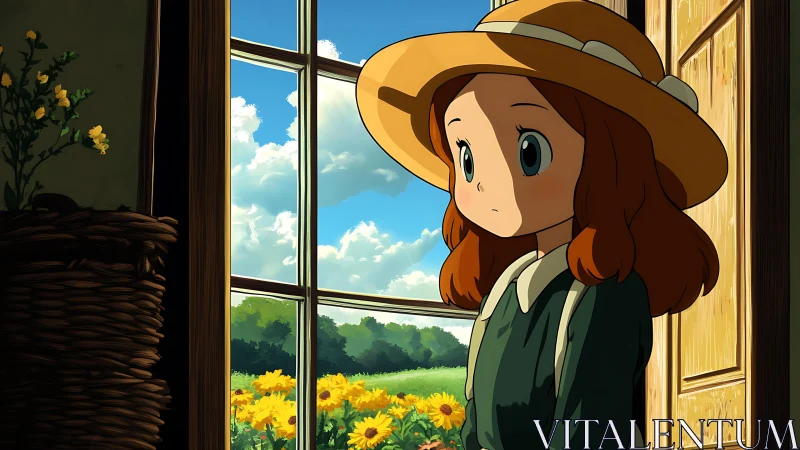 Young girl in straw hat gazes from doorway toward sunlit field