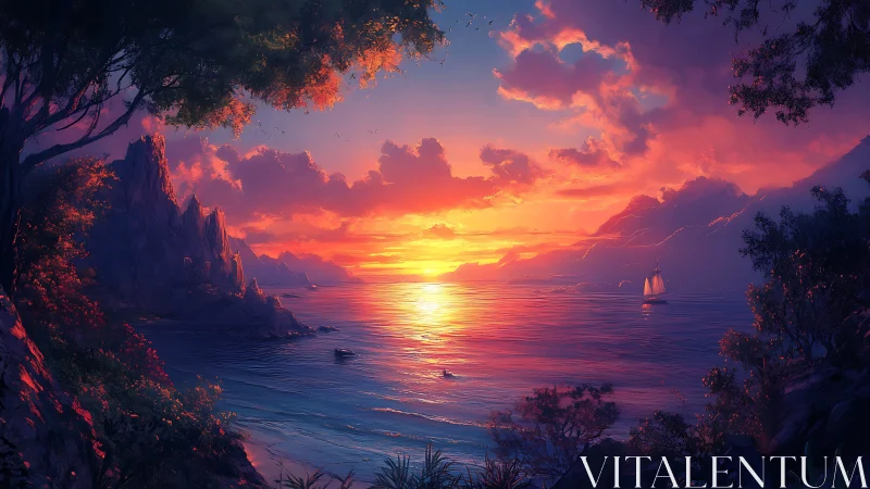 Radiant seascape sunset ignites cliffs and tranquil bay
