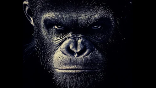 Intense gorilla portrait emerges from deep shadowed darkness.