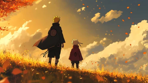 Autumn hillside traversal with dual cloaked anime figures.