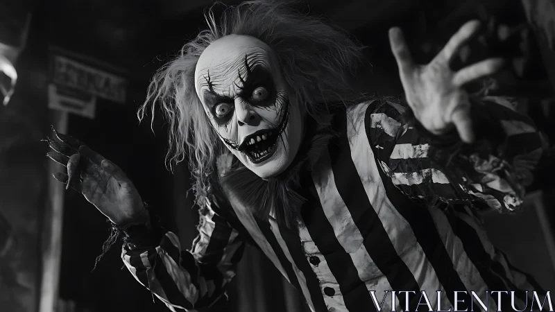 Monochrome undead jester lunging with exaggerated perspective.