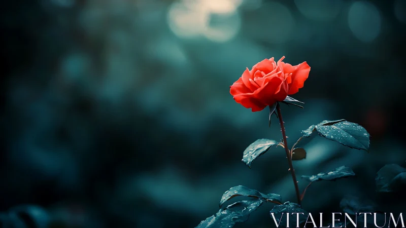 Crimson Rose Against Teal Bokeh: Botanical Portrait Study.