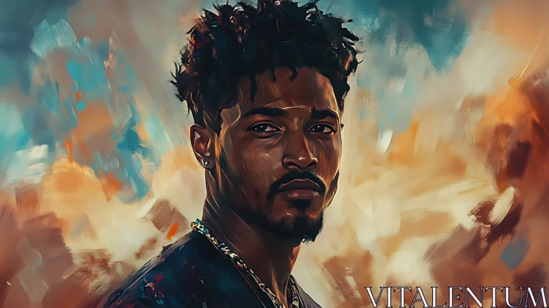 Confident portrait radiates warmth amid bold painted sky