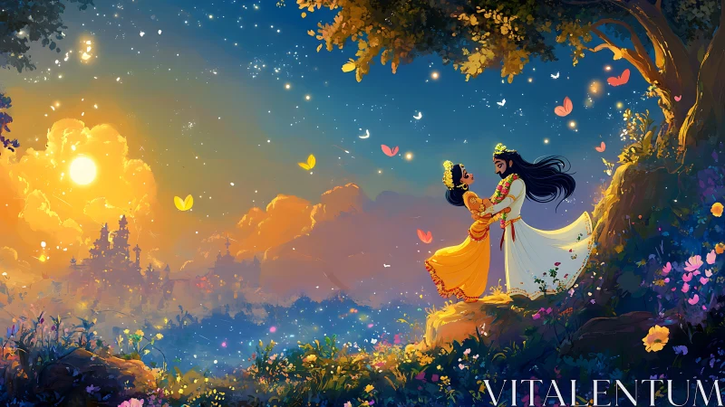 Magical Kingdom Night: Two Figures in Enchanted Garden