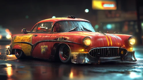 Rusty modified classic car sits low on wet city street