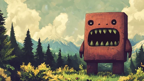 Blocky forest monster under painterly alpine clouds.