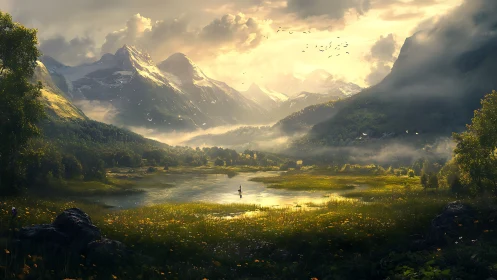 Digital painting landscape with luminous alpine valley vista.