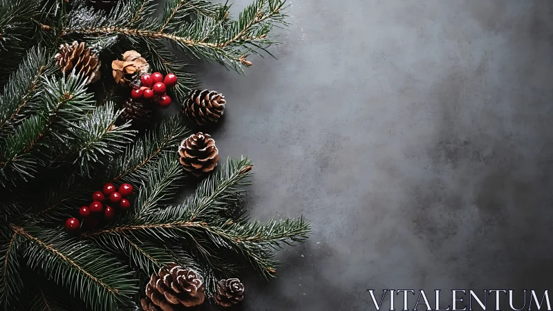 Evergreen branches and pine cones occupy the image corner