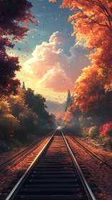 Autumn rail corridor under volumetric sunset cloudfield perspective.