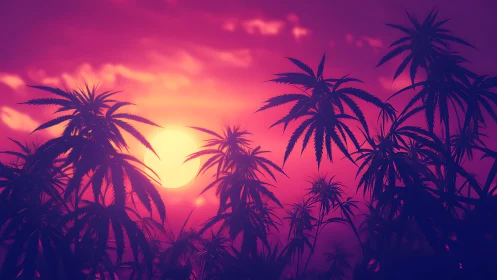 Vibrant cannabis silhouettes glow against neon sunset sky.
