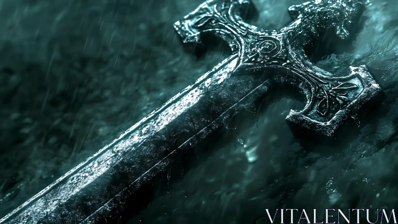 Ancient ornate sword lies in stormlit rain, evoking lost glory