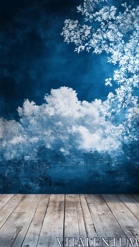 Dreamy blue sky mural gently meets rustic wooden floor