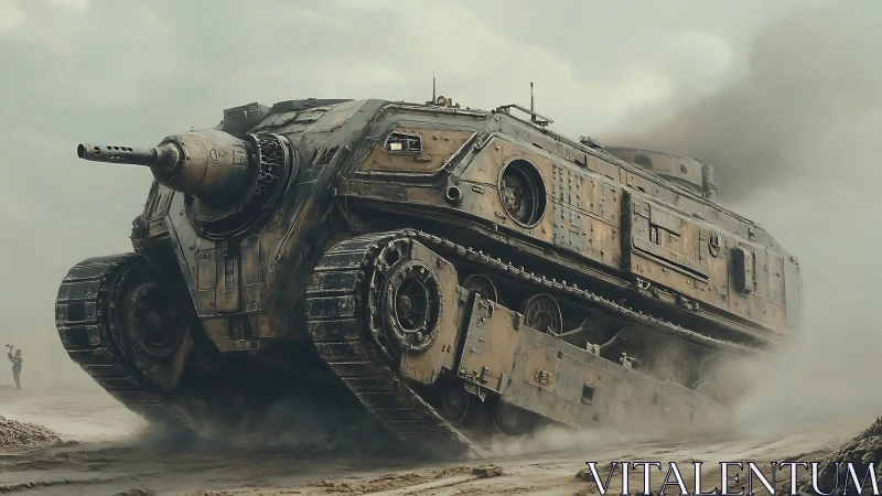 Heavy tracked combat vehicle crossing sandy battlefield.