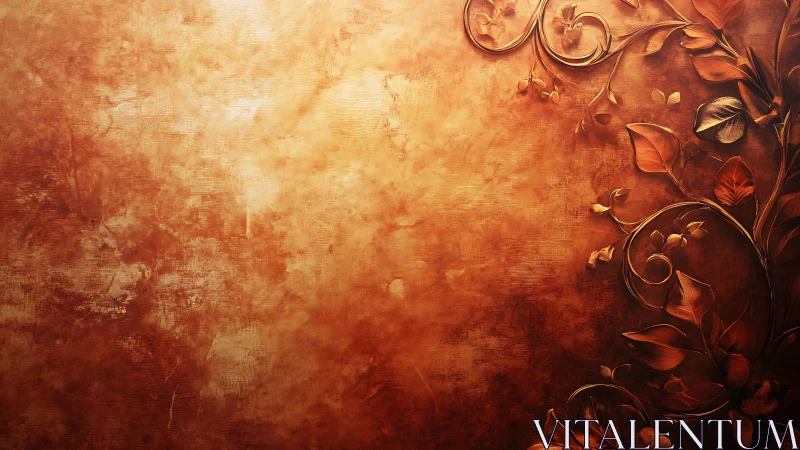 Ornate bronze floral scrolls glow on textured background.