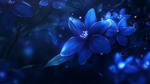 Luminous Blue Florals: Digital Rendering With Ethereal Particle Effects.