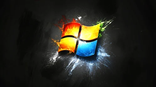 High-energy Windows-style quad logo with explosive particle splashes