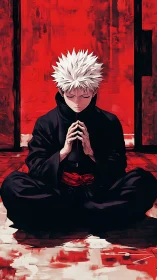 Meditative white-haired combatant in red-black anime chamber.