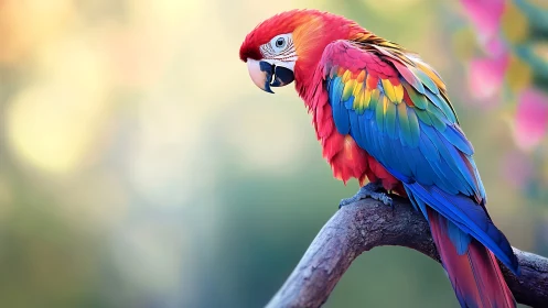 Vibrant Scarlet Macaw Perched on Branch in Soft Focus Nature Scene.