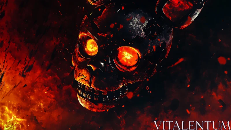 Burning robotic skull descends through molten darkness