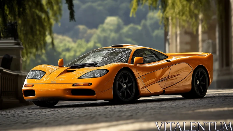 Sunlit tangerine supercar lounges low on cobbled avenue