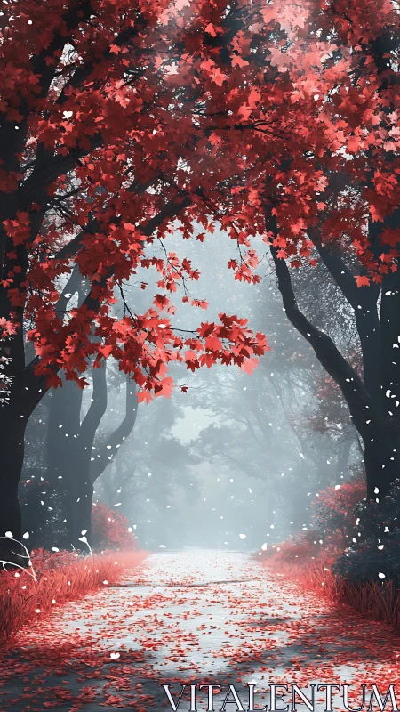 Crimson Canopy's Whispered Path Through Misty Enchantment.