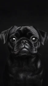 High-contrast frontal portrait of black pug with hyper-detailed fur