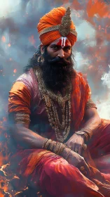 Fire crowned mystic king seated in ember bright stillness.