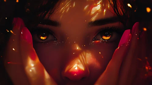 Close face view shows glowing amber eyes and warm light