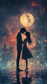 Silhouetted couple beneath overscale moon.