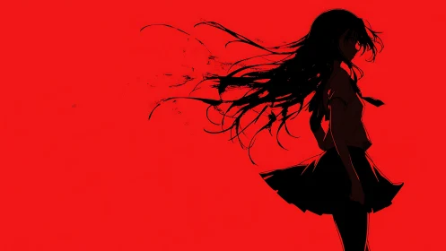 Silhouette of long haired girl on uniform against red field.