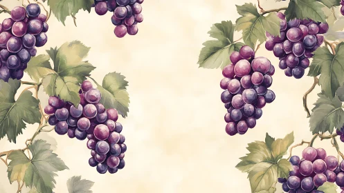 Grape clusters and leaves on light background pattern.