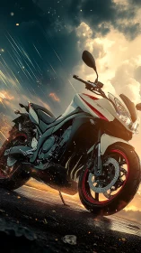 Storm-chasing sportbike crowned in molten sunset sparks.