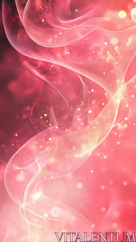 Ethereal pink light ribbons ascend in a dreamy cosmic haze