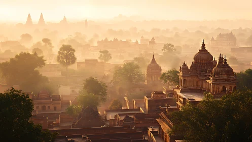 Historic domed structures in hazy sunrise cityscape view.