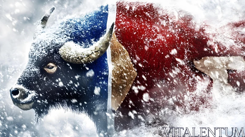 Majestic snow-covered bison in split blue and red digital art.