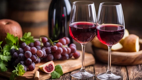 Cozy red wine moment with fresh grapes and rustic wood.