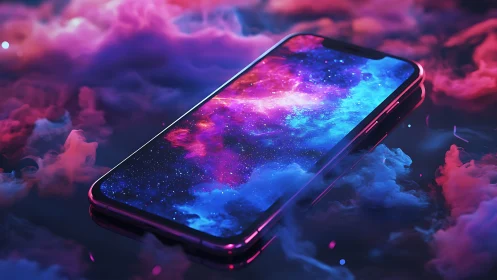 Smartphone with nebula display in colored vapor clouds.