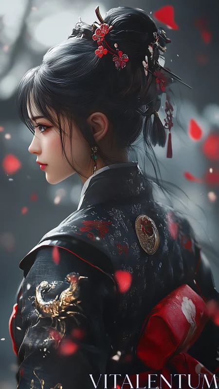 Blossom-adorned warrior maiden in drifting crimson petals.