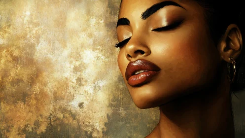 Portrait of woman in profile against textured gold wall.