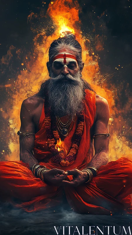 Digital painting portrait of fiery enlightened sage in meditation.