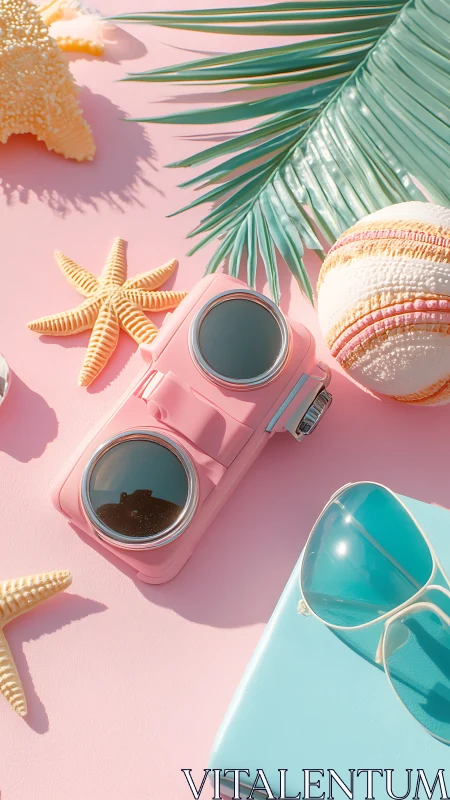Pastel beach flatlay shows pink camera and summer gear