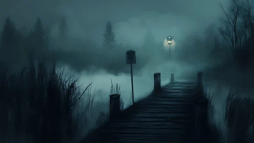 Misty lakeside boardwalk glows softly beneath a lone lamp