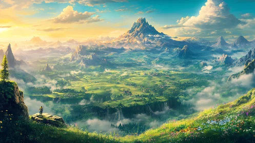 Expansive fantasy valley panorama with luminous alpine atmosphere.