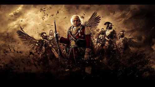 Winged general leads spectral regiment through burning storm