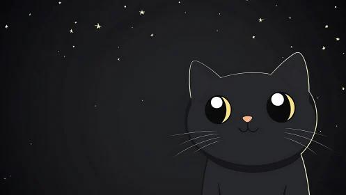 Black cat illustration against starry night sky backdrop.